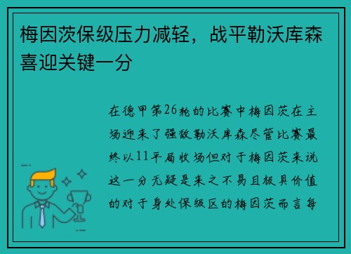 梅因茨保级压力减轻，战平勒沃库森喜迎关键一分