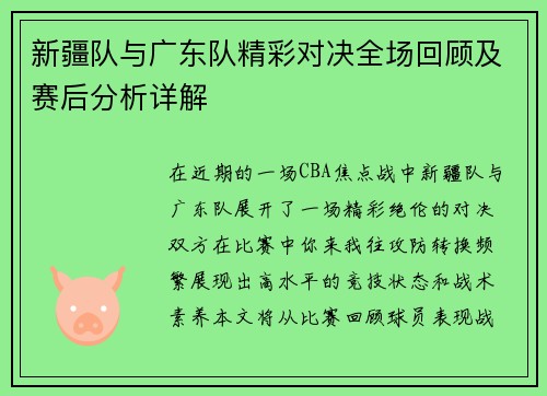 新疆队与广东队精彩对决全场回顾及赛后分析详解